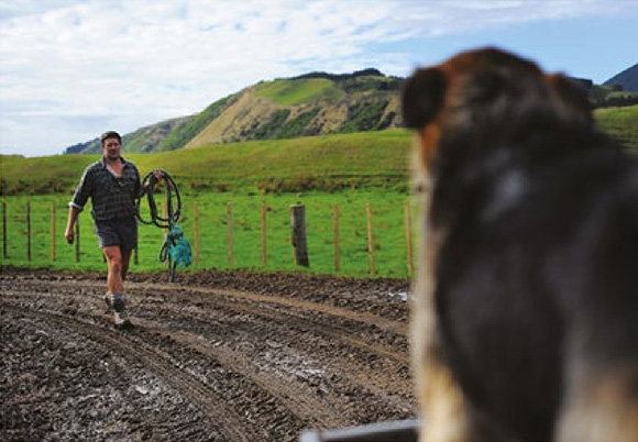 [image] Farmer walking up a muddy road towards his farm dog