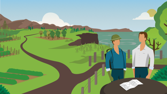[image] Worker wearing safety gear talking to manager with a map spread out on the table and trees, hills and sea in the background