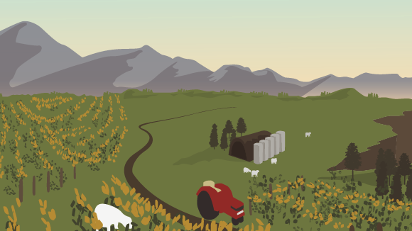 [image] Vineyard land showing a tractor, building, trees, sheep and hills in the background