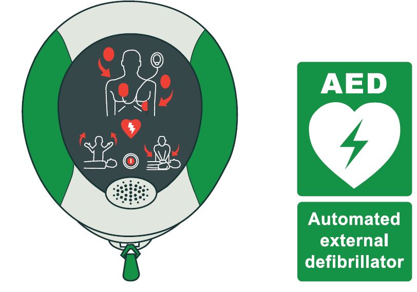 [image] First aid automated external defibrillator and sign