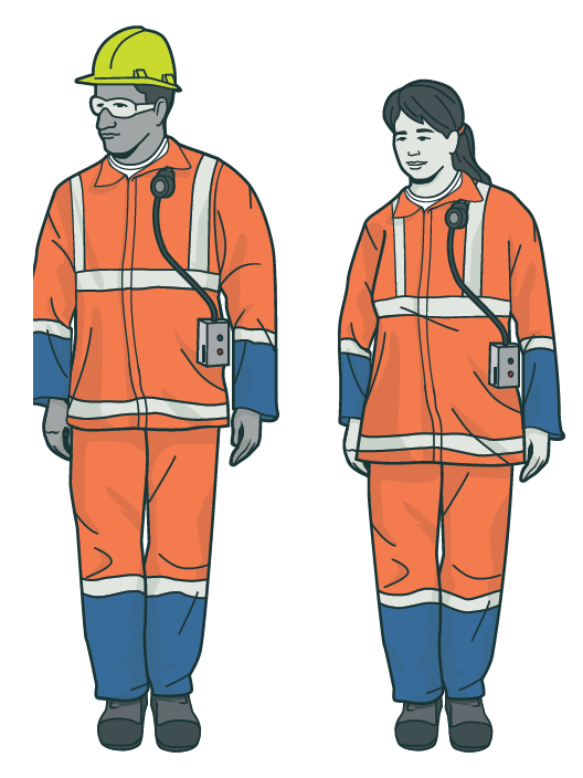 [image] Two workers wearing personal monitoring devices