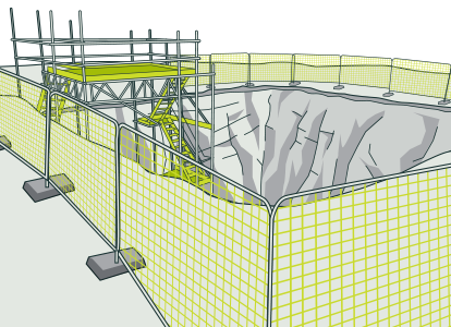 [images] Pit excavation with scaffold stairs and surrounded by safety fencing