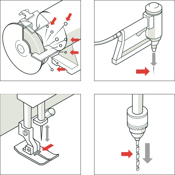 [Image] Four illustrations with red arrows pointing to examples of stabbing and puncture hazards by flying objects or moving parts of machinery. 