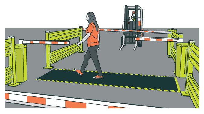 [image] illustration of pedestrian walking over crossing with forklift stopping behind gate.