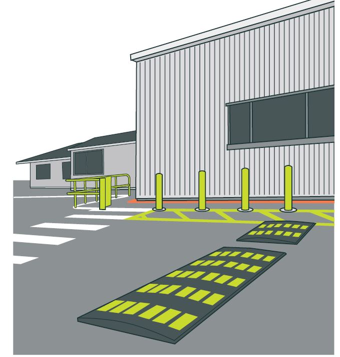 [image] illustration of work site with black and yellow speed bumps. 