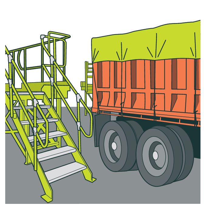 [image] illustration of a truck with a tarp on top and a platform alongside  the same height as a the truck. 