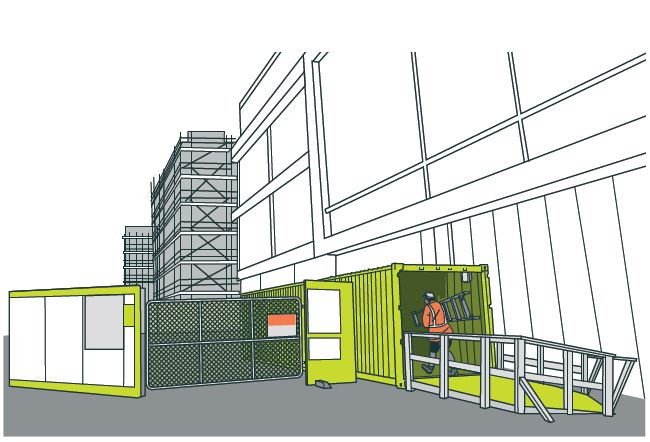 [image] illustration of separate entry pedestrians through a container tunnel at work site.