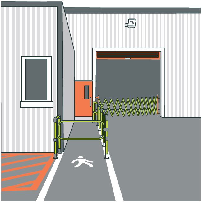 [image] illustration of building with separate pedestrian entrance with gate to stop entering vehicle entrance.