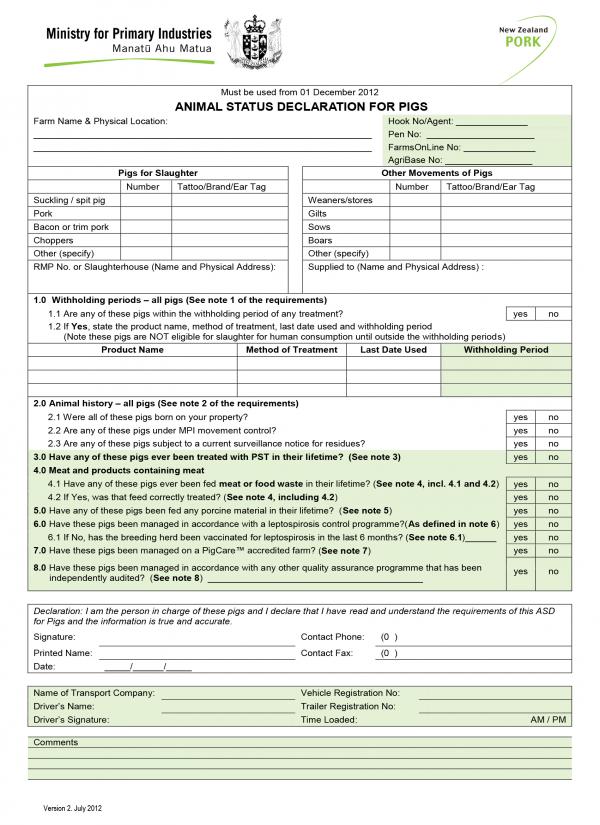 [image] Animal Status Declaration Form For Pigs Page 1, July 2012