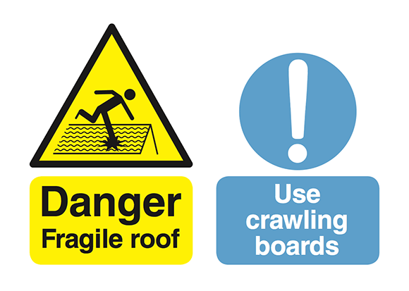 [image] Example of signage alerting workers to fragile roofing material