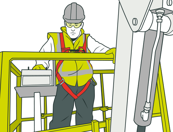[image] An operator wearing safety gear and standing on the work platform inspects the MEWP before use