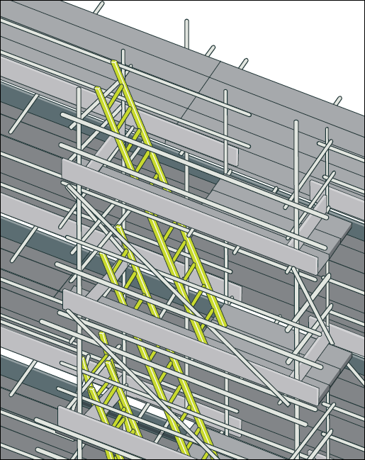 [Image] View looking down on scaffolding showing ladder access bays with ladders and tortured path