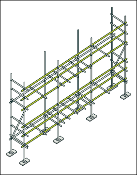 [Image] View looking down on scaffold showing transoms connected to standards with right angle couplers beneath base ledger