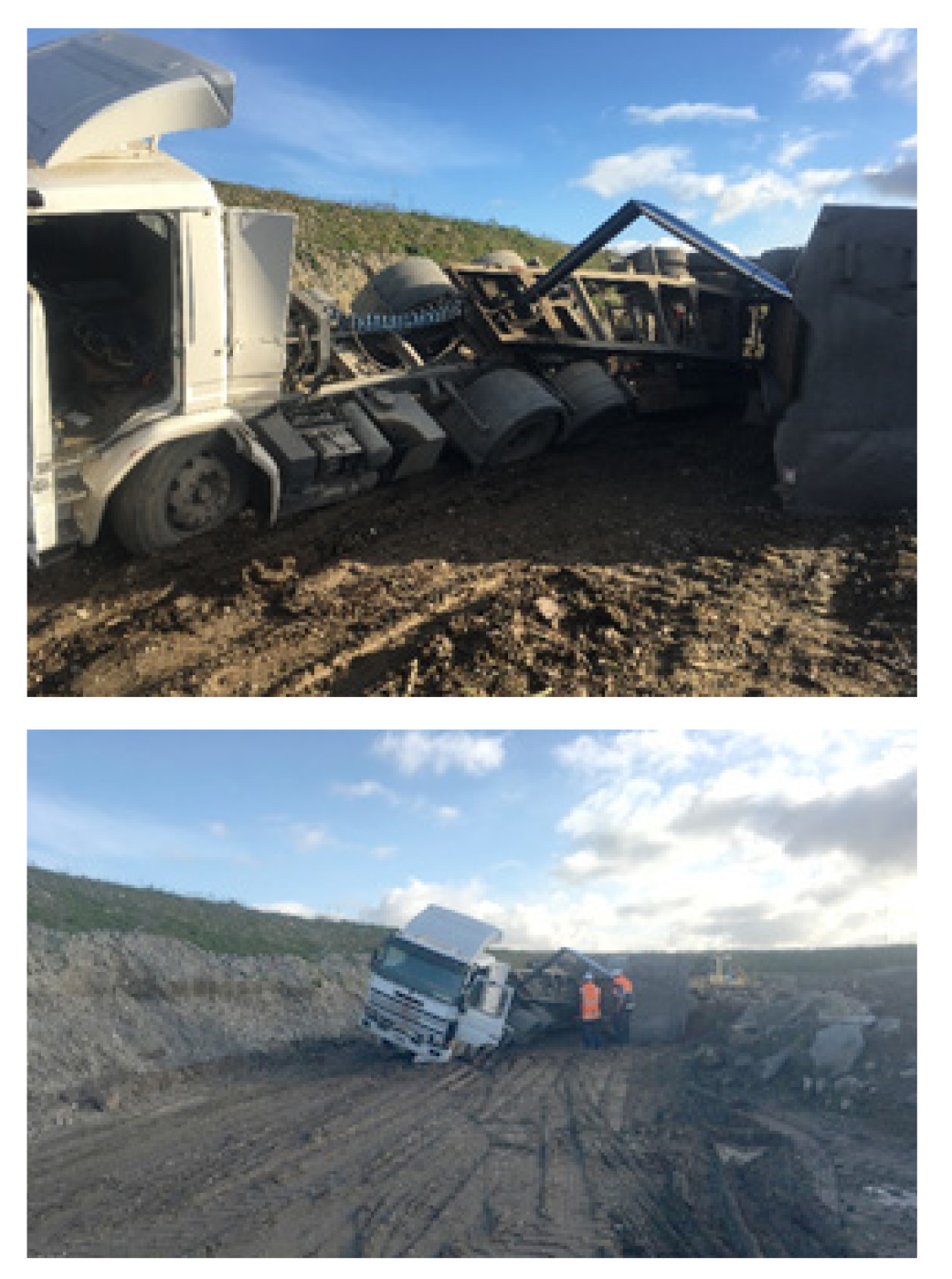 [image] a loading truck tipped on it's side with two workers inspecting the damage