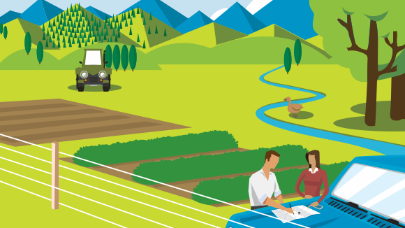 [image] Man and woman discussing map spread out on a vehicle bonnet with tractor, trees, hills and stream in the background