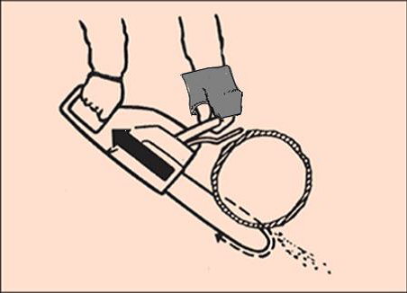 [Image] Chainsaw operator performing an up cut with the top of the bar; a black arrow indicates the ideal movement of the chainsaw away from the cut. 