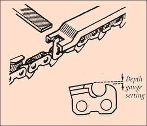 [Image] Close up of a chain and how to use a flat file and correct depth gauge tool; black arrows show the depth gauge setting. 