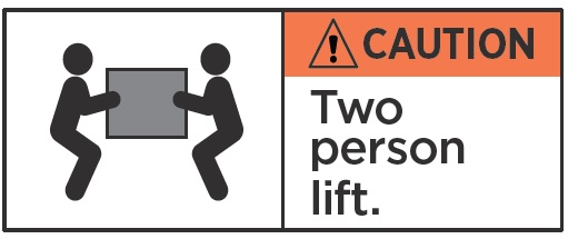 [image] illustration of two people bending at the knees lifting an item together with text - caution two person lift