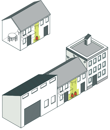 [image] An illustration of a standalone building and building attached to another occupied building with LPG canisters highlighted. 