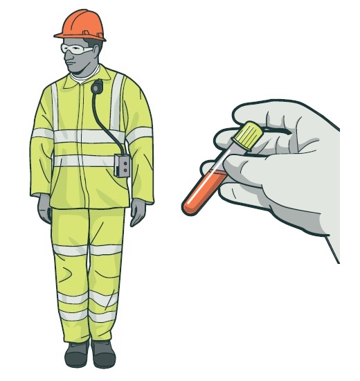 [image] left: llustration of a person in PPE wearing an exposure monitoring device; right: illustration of a gloved hand holding a sealed vial of blood