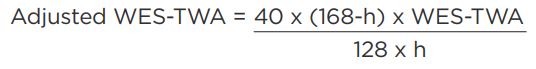 Formula for seven-day week adjustment: Adjusted WES-TWA equals open bracket 40 multiplied by open bracket 168 minus h close bracket multiplied by WES-TWA close bracket divided by open bracket 128 multiplied by h close bracket