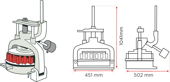 [Image] Dough divider with two side view line drawings showing height and width measurements