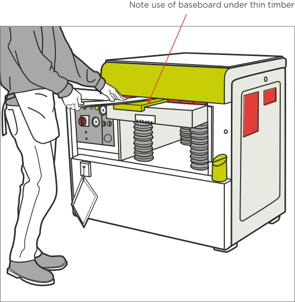 [image] Man feeding thin piece of timber into the machine; red arrow pointing to baseboard under the timber 
