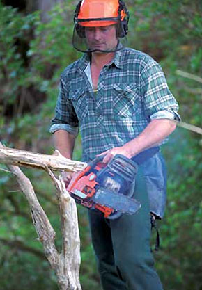 [Image] Farmer with a chainsaw wearing a protective helmet, visor and ear muffs. 