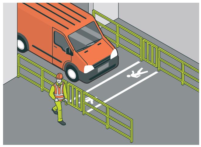 [image] illustration orange van stopping at compulsory stop by pedestrian crossing. 