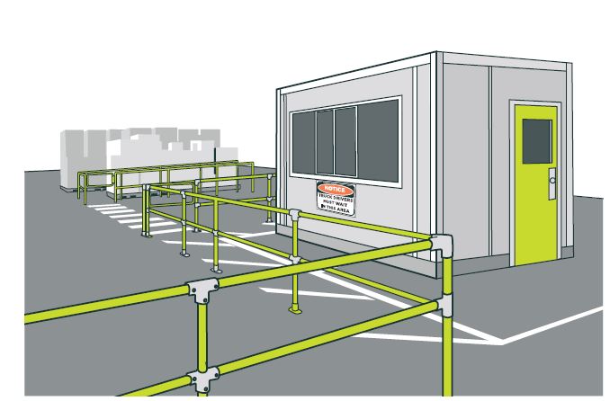 [image] illustration of a small contained waiting area behind barriers. 
