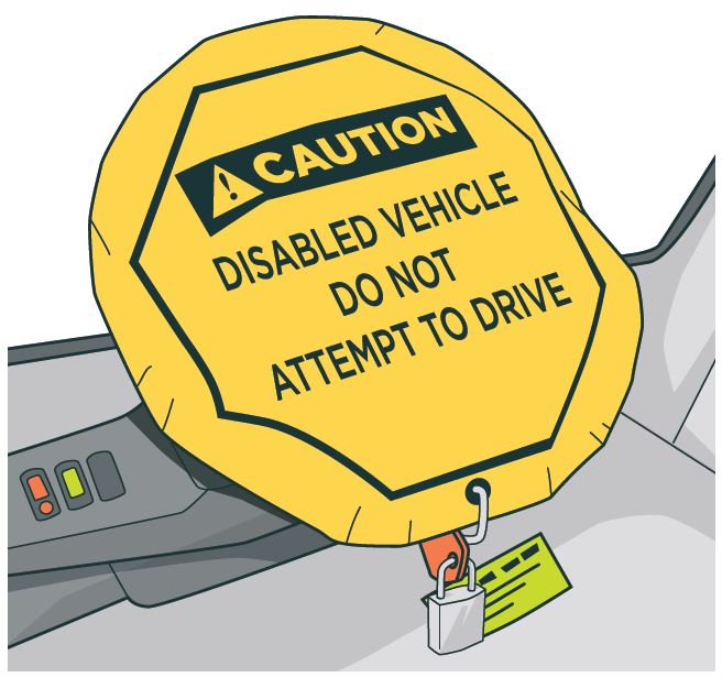 [image] illustration of steering wheel with a yellow cover on it saying 'caution disabled vehicle do not attempt to drive' and steering wheel lock.