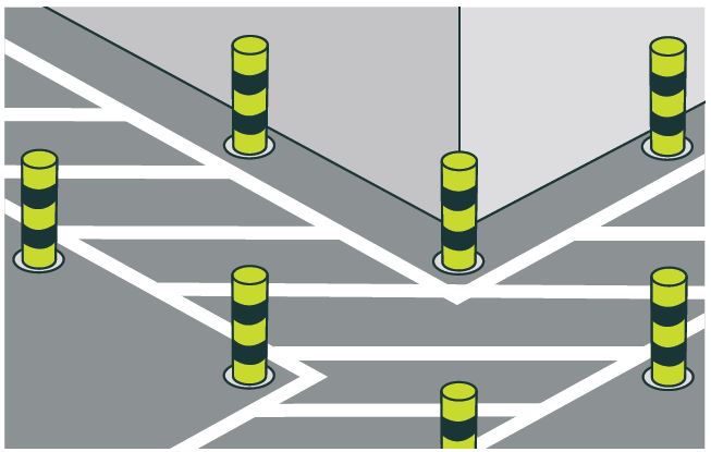 [image] illustration of a walkway marked with paths and hi vis coloured bollards.