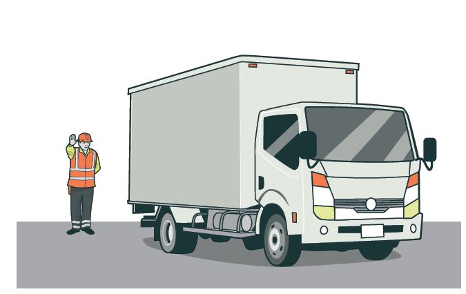 [image] illustration of a person in hi-vis standing behind a truck holding up one hand. 