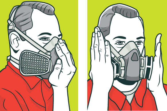 [Image] Man checking respirator pressure by pressing it towards his mouth and nose with one palm for positive fit and with both palms over filters for negative fit