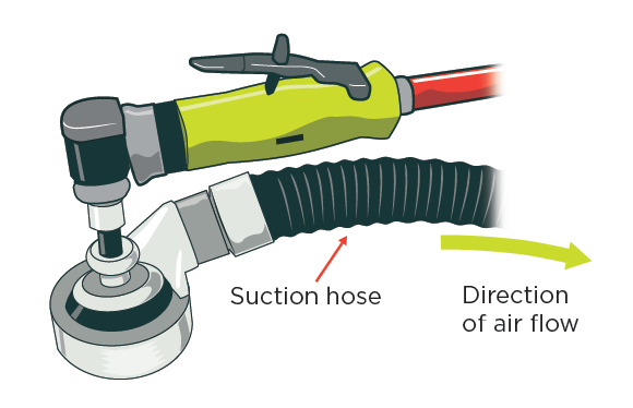 [image] Close up of on-tool LEV pointing to suction hose and direction of air flow. 
